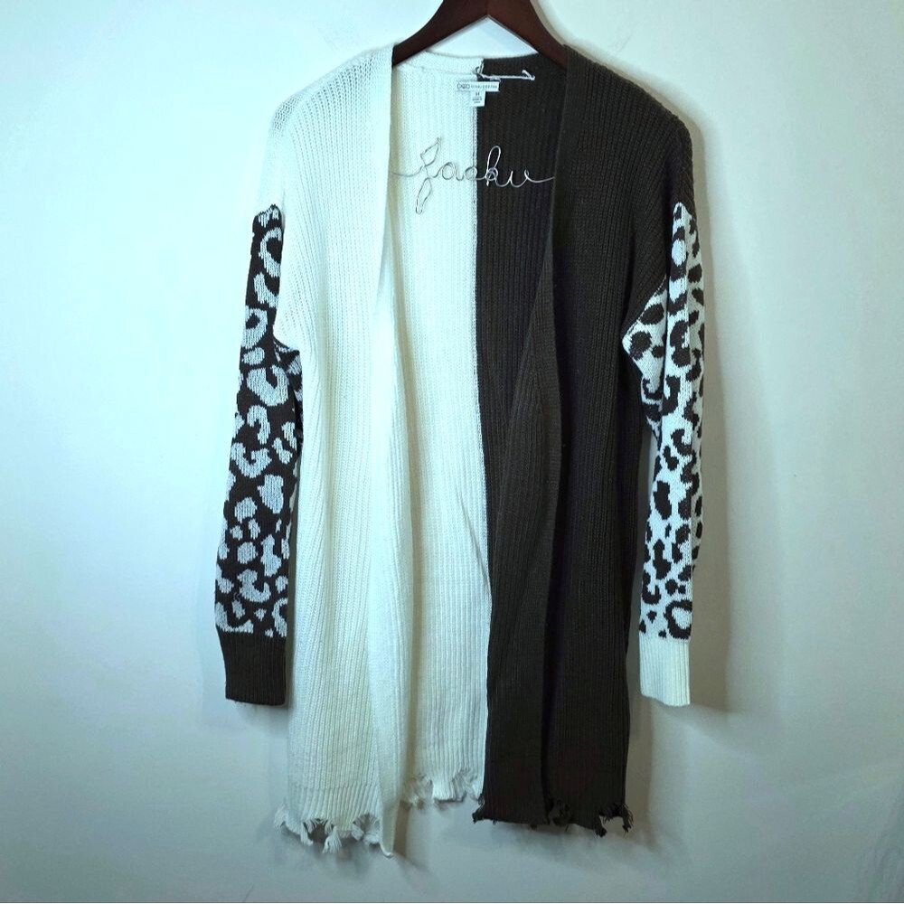 Cato Brown And White Animal Print Color Block Open Cardigan Sweater Size Medium